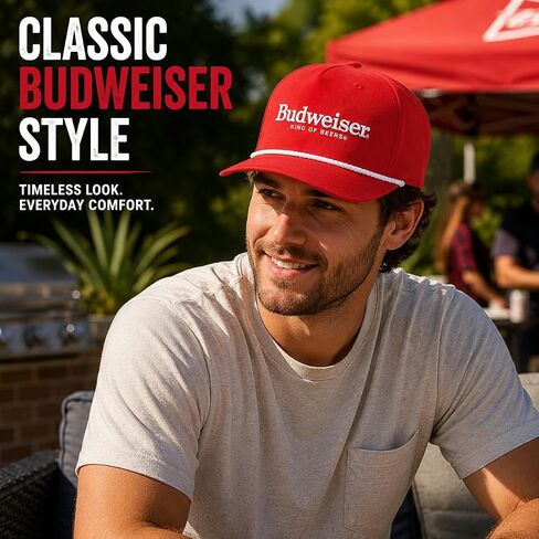 قبعة بدويايزر حبل للرجال، قبعة بيسبول King of Beers Snapback باللون الأحمر | قبعة بدويايزر مرخصة رسميًا مع شعار مطرز، وتفاصيل حبل، وتاج منظم وملاءمة قابلة للتعديل in Kuwait