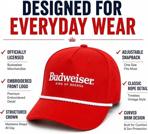 قبعة بدويايزر حبل للرجال، قبعة بيسبول King of Beers Snapback باللون الأحمر | قبعة بدويايزر مرخصة رسميًا مع شعار مطرز، وتفاصيل حبل، وتاج منظم وملاءمة قابلة للتعديل in Kuwait