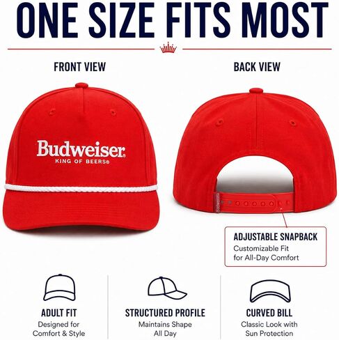 قبعة بدويايزر حبل للرجال، قبعة بيسبول King of Beers Snapback باللون الأحمر | قبعة بدويايزر مرخصة رسميًا مع شعار مطرز، وتفاصيل حبل، وتاج منظم وملاءمة قابلة للتعديل in Kuwait