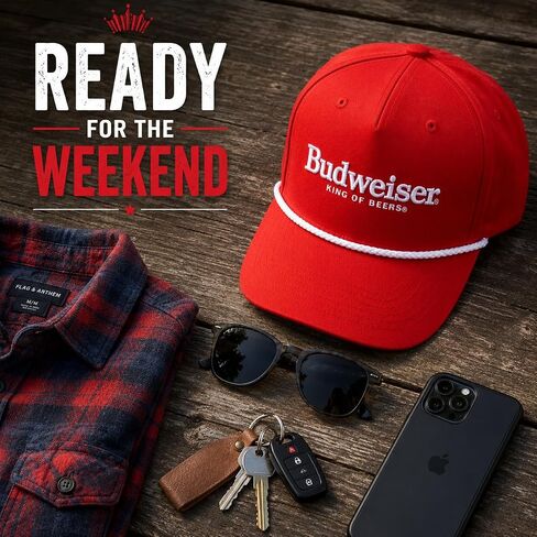 قبعة بدويايزر حبل للرجال، قبعة بيسبول King of Beers Snapback باللون الأحمر | قبعة بدويايزر مرخصة رسميًا مع شعار مطرز، وتفاصيل حبل، وتاج منظم وملاءمة قابلة للتعديل in Kuwait