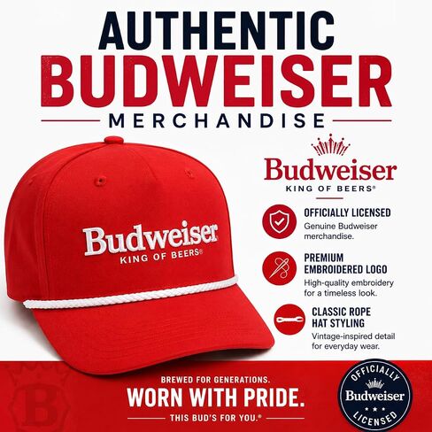 قبعة بدويايزر حبل للرجال، قبعة بيسبول King of Beers Snapback باللون الأحمر | قبعة بدويايزر مرخصة رسميًا مع شعار مطرز، وتفاصيل حبل، وتاج منظم وملاءمة قابلة للتعديل in Kuwait