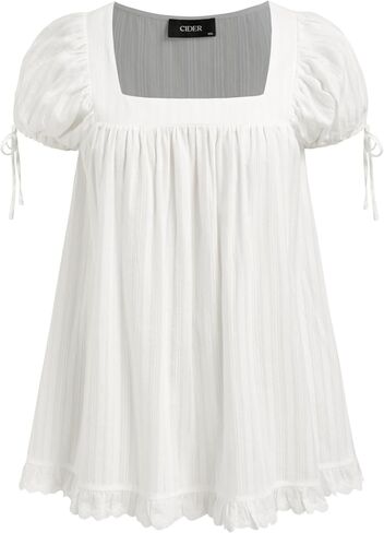 CIDER Womens Blouses Plus Size Blouse Recycled Cotton Square Neck Ruffle Knotted Oversized Puff Short Sleeve Tops White in Kuwait
