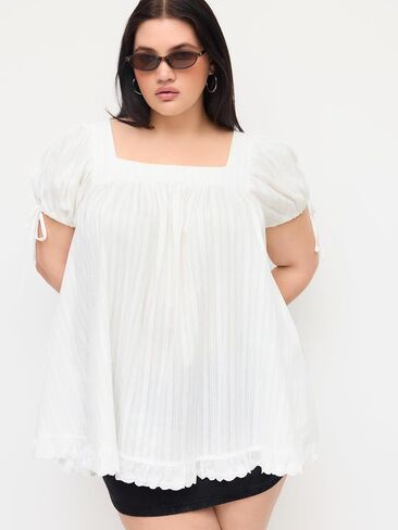 CIDER Womens Blouses Plus Size Blouse Recycled Cotton Square Neck Ruffle Knotted Oversized Puff Short Sleeve Tops White in Kuwait