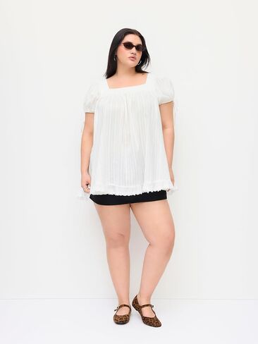 CIDER Womens Blouses Plus Size Blouse Recycled Cotton Square Neck Ruffle Knotted Oversized Puff Short Sleeve Tops White in Kuwait