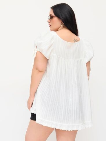 CIDER Womens Blouses Plus Size Blouse Recycled Cotton Square Neck Ruffle Knotted Oversized Puff Short Sleeve Tops White in Kuwait