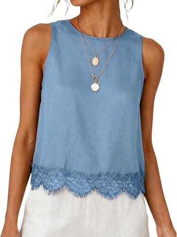 Womens Lace Hem Linen Tank Top Round Neck Sleeveless Solid Color Relaxed Fit Blouses Summer Casual Tops in Saudi Arabia