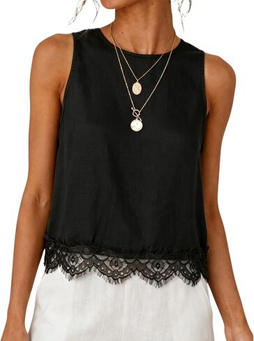 Womens Lace Hem Linen Tank Top Round Neck Sleeveless Solid Color Relaxed Fit Blouses Summer Casual Tops in Saudi Arabia