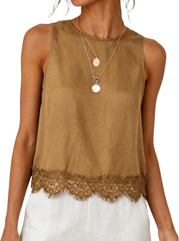Womens Lace Hem Linen Tank Top Round Neck Sleeveless Solid Color Relaxed Fit Blouses Summer Casual Tops in Saudi Arabia
