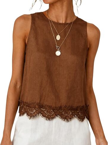 Womens Lace Hem Linen Tank Top Round Neck Sleeveless Solid Color Relaxed Fit Blouses Summer Casual Tops in Saudi Arabia