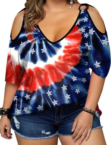 MNLYBABY Plus Size American Flag Shirt Women 4th of July Tee Shirt USA Stars Stripes T-Shirt Patriotic Cold Shoulder Tops in Kuwait