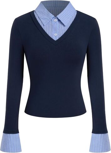 CIDER Womens Tops Long Sleeve Slim Fit Collared Knit Shirt Two Tone Striped Collar Business Casual Top in Kuwait