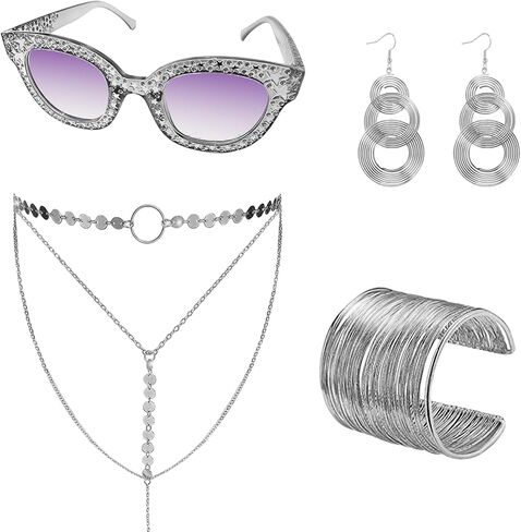 ELECLAND 5 Piece 70s Disco Women Accessories Set Sunglasses Layered Necklace Cuff Bracelet Hoop Earrings for Party Cosplay in Saudi Arabia