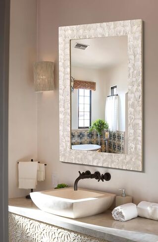 Rectangular Capiz Shell Framed Bathroom Mirror, 36" x 24" Coastal Wall Mount Mirrors, Natural Seashell Decorative Mirror for Living Room Foyer Entryway Decor, Vertical/Horizontal Hanging in Saudi Arabia