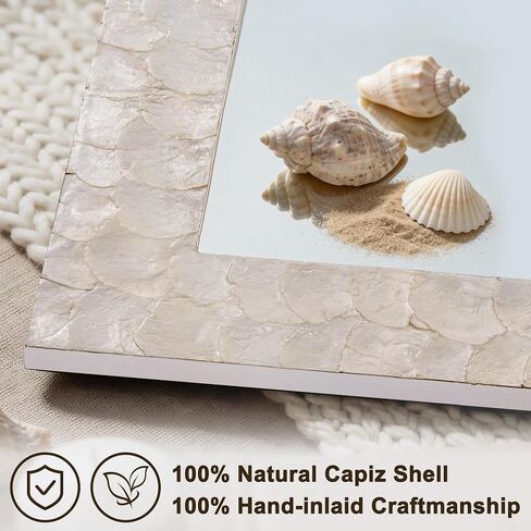 Rectangular Capiz Shell Framed Bathroom Mirror, 36" x 24" Coastal Wall Mount Mirrors, Natural Seashell Decorative Mirror for Living Room Foyer Entryway Decor, Vertical/Horizontal Hanging in Saudi Arabia
