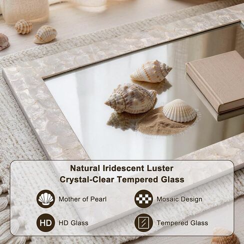 Rectangular Capiz Shell Framed Bathroom Mirror, 36" x 24" Coastal Wall Mount Mirrors, Natural Seashell Decorative Mirror for Living Room Foyer Entryway Decor, Vertical/Horizontal Hanging in Saudi Arabia