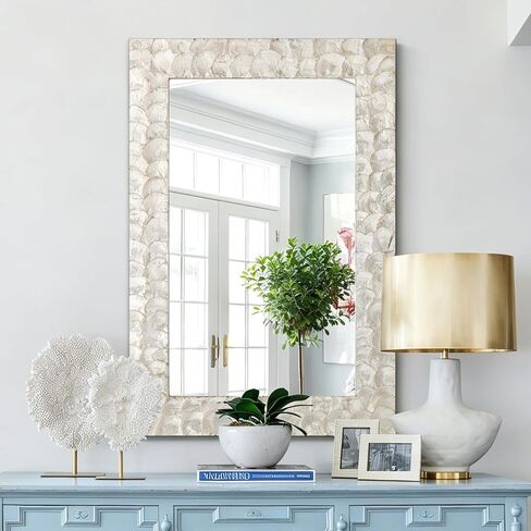 Rectangular Capiz Shell Framed Bathroom Mirror, 36" x 24" Coastal Wall Mount Mirrors, Natural Seashell Decorative Mirror for Living Room Foyer Entryway Decor, Vertical/Horizontal Hanging in Saudi Arabia