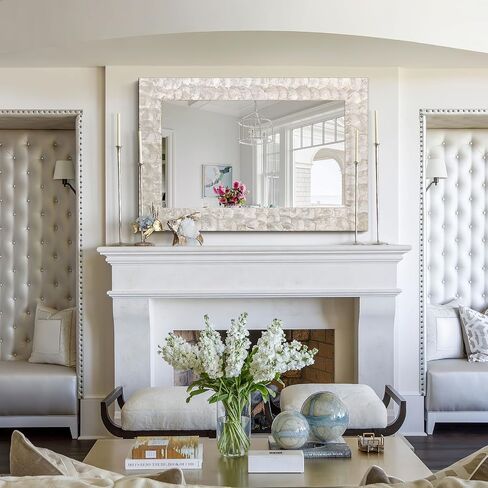 Rectangular Capiz Shell Framed Bathroom Mirror, 36" x 24" Coastal Wall Mount Mirrors, Natural Seashell Decorative Mirror for Living Room Foyer Entryway Decor, Vertical/Horizontal Hanging in Saudi Arabia