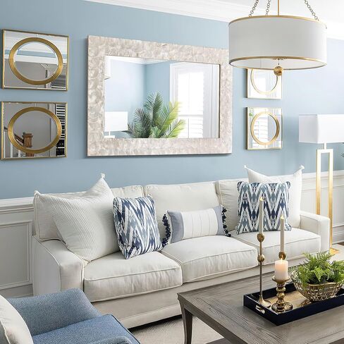 Rectangular Capiz Shell Framed Bathroom Mirror, 36" x 24" Coastal Wall Mount Mirrors, Natural Seashell Decorative Mirror for Living Room Foyer Entryway Decor, Vertical/Horizontal Hanging in Saudi Arabia