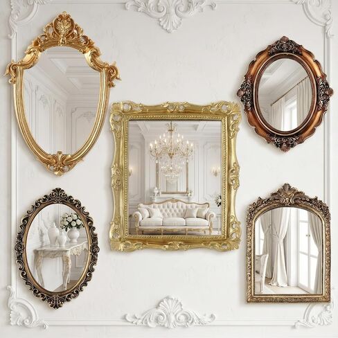 Wonderjune 5 Pcs Vintage Gold Mirror Set for Wall Decorative Resin Frame Ornate Antique Hanging and Tabletop Mirror for Home Dresser Gallery Decor Photography Props Gift (Baroque Style) in Kuwait