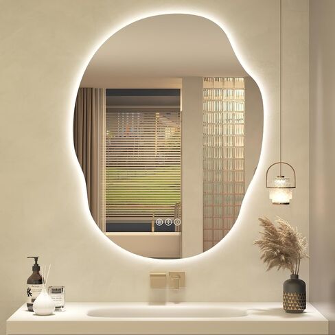 Irregular Backlit LED Bathroom Mirror for Wall 28"x36", Asymmetrical LED Lighted Vanity Mirror, 3 Colors and Stepless Dimmable, Shatterproof, Defogger, Memory (Vertical or Horizontal) in Saudi Arabia