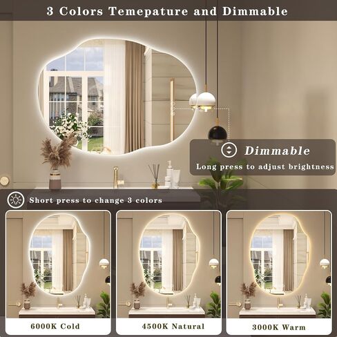 Irregular Backlit LED Bathroom Mirror for Wall 28"x36", Asymmetrical LED Lighted Vanity Mirror, 3 Colors and Stepless Dimmable, Shatterproof, Defogger, Memory (Vertical or Horizontal) in Saudi Arabia