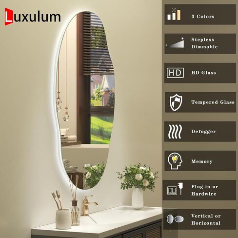 Irregular Backlit LED Bathroom Mirror for Wall 28"x36", Asymmetrical LED Lighted Vanity Mirror, 3 Colors and Stepless Dimmable, Shatterproof, Defogger, Memory (Vertical or Horizontal) in Saudi Arabia
