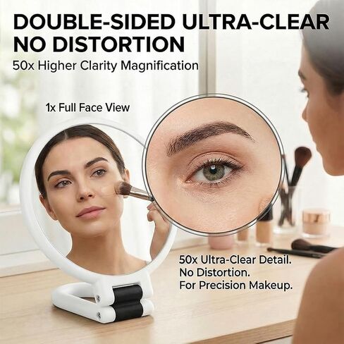 50x Magnifying Mirror, Travel Hand Mirrors with 360° Adjustable Handle, Double Side Handheld Mirror with 1X, 50X Magnification, Hand Held Foldable Travel Mirror for Makeup (White) in Kuwait