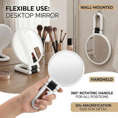 50x Magnifying Mirror, Travel Hand Mirrors with 360° Adjustable Handle, Double Side Handheld Mirror with 1X, 50X Magnification, Hand Held Foldable Travel Mirror for Makeup (White) in Kuwait