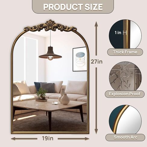 Mirror Ornate Baroque Vintage Mirror, 19x27 Inch Arched Antique Brass Decorative Full Metal Framed Bathroom Vanity Mirror for Entryway, Fireplace, Living Room, Hallway in Kuwait