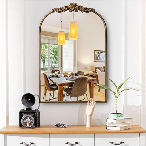 Mirror Ornate Baroque Vintage Mirror, 19x27 Inch Arched Antique Brass Decorative Full Metal Framed Bathroom Vanity Mirror for Entryway, Fireplace, Living Room, Hallway in Kuwait