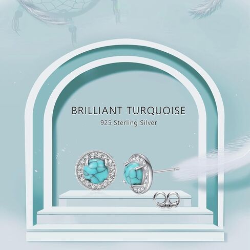 S925 Sterling Silver Turquoise Stud Earrings Blue Gemstone Jewelry Hypoallergenic Dangle Earring for Sensitive Ears for Women Daughter Girlfriend with Box in Kuwait