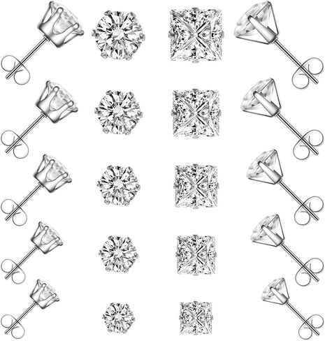 10 Pairs CZ Stud Earrings for Women, Small Stainless Steel Earring Studs, Round and Square Silver Stud Earring Cubic Zirconia Earrings for Women Men in Saudi Arabia