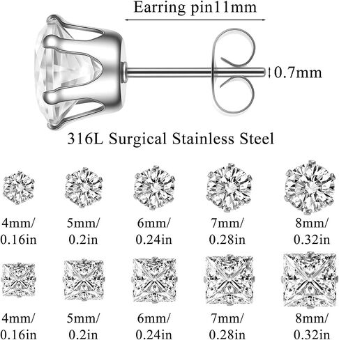 10 Pairs CZ Stud Earrings for Women, Small Stainless Steel Earring Studs, Round and Square Silver Stud Earring Cubic Zirconia Earrings for Women Men in Saudi Arabia