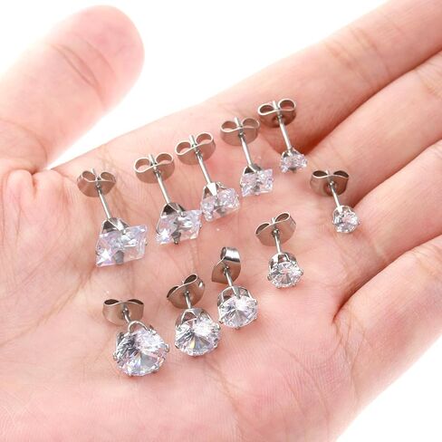 10 Pairs CZ Stud Earrings for Women, Small Stainless Steel Earring Studs, Round and Square Silver Stud Earring Cubic Zirconia Earrings for Women Men in Saudi Arabia