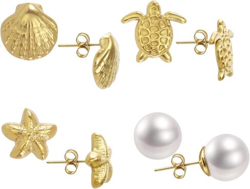 Gold Earrings for Women - 14K Gold Plated Small Shell, Starfish, Turtle, Pearl, Stud Earrings Set Summer Beachy Jewelry，Lightweight Minimalist Simple Hypoallergenic Earrings Jewelry Gifts for Her in Saudi Arabia