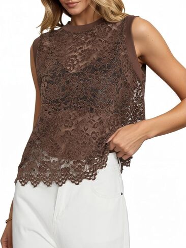 Women's See Through Lace Tops Hollow Out Mesh Floral Sleeveless Vest Summer Crewneck Cover Up Going Out Velvet Top in Kuwait