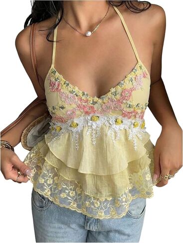 Verdusa Women's Embroidered Babydoll Tops Floral Lace Halter Top Y2k Boho Summer Clothes for Vacation in Kuwait