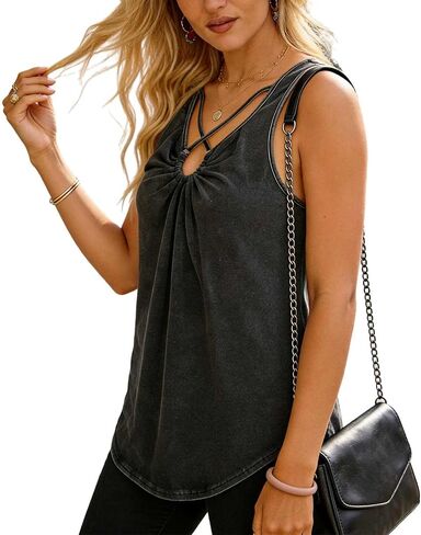 Women's Sleeveless Tank Tops Cross Strap Distressed U Neck Gathered Bust Top Y2K Streetwear Festival Casual in Kuwait