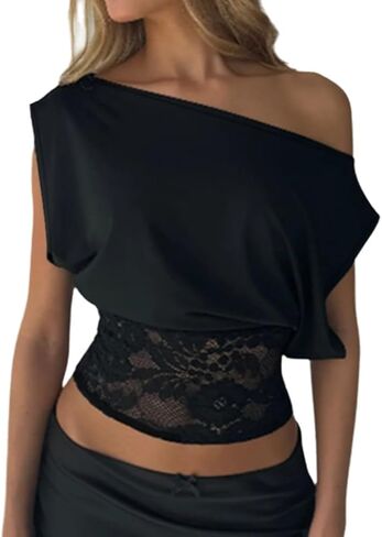 One Shoulder Tops for Women Black Top with Lace Hem Sleeveless Sexy Outfits in Saudi Arabia