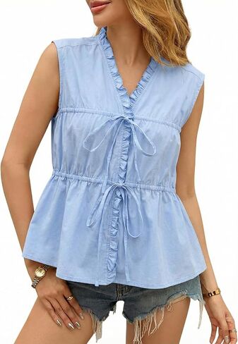 Womens Tie Front Peplum Babydoll Tank Tops V Neck Sleeveless Cotton Shirts Casual Cute Summer Bow Ruffle Blouse in Saudi Arabia