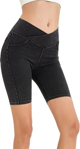 Pantete Women's Stretch Biker Shorts with Pockets Crossover Waist Yoga Spandex Jean Shorts in Saudi Arabia