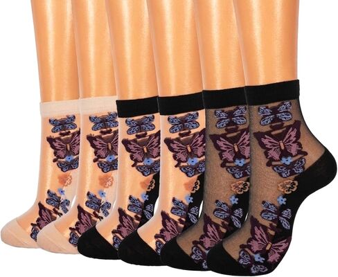 Women Sheer Socks Butterfly Sheer Ankle Socks Patterned See Through Sock(6 Pairs) in Kuwait