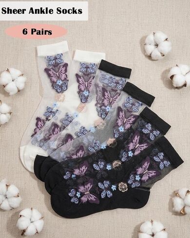 Women Sheer Socks Butterfly Sheer Ankle Socks Patterned See Through Sock(6 Pairs) in Kuwait