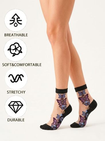 Women Sheer Socks Butterfly Sheer Ankle Socks Patterned See Through Sock(6 Pairs) in Kuwait