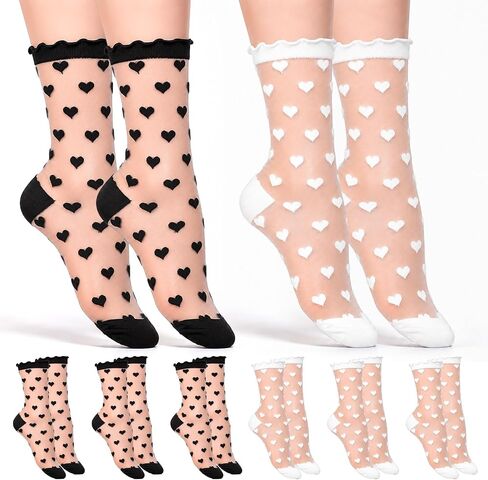 8 Pairs Ruffle Sheer Socks, Sheer Ankle Socks Women Lace Heart Ankle Socks Cute Ruffle Sock Thin Transparent Sock for Women Summer Dress Trouser (White, Black) in Saudi Arabia