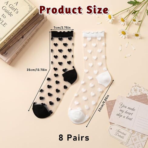 8 Pairs Ruffle Sheer Socks, Sheer Ankle Socks Women Lace Heart Ankle Socks Cute Ruffle Sock Thin Transparent Sock for Women Summer Dress Trouser (White, Black) in Saudi Arabia