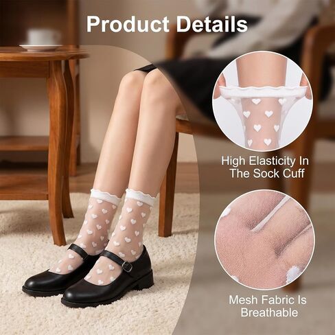 8 Pairs Ruffle Sheer Socks, Sheer Ankle Socks Women Lace Heart Ankle Socks Cute Ruffle Sock Thin Transparent Sock for Women Summer Dress Trouser (White, Black) in Saudi Arabia
