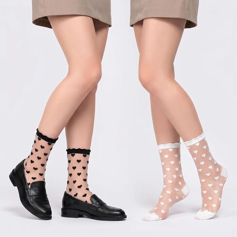 8 Pairs Ruffle Sheer Socks, Sheer Ankle Socks Women Lace Heart Ankle Socks Cute Ruffle Sock Thin Transparent Sock for Women Summer Dress Trouser (White, Black) in Saudi Arabia