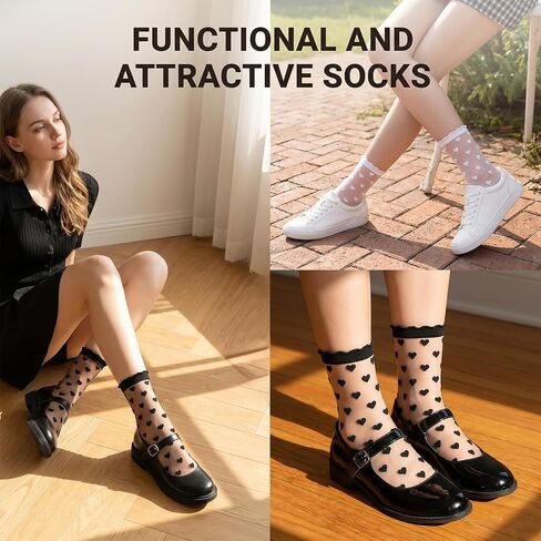 8 Pairs Ruffle Sheer Socks, Sheer Ankle Socks Women Lace Heart Ankle Socks Cute Ruffle Sock Thin Transparent Sock for Women Summer Dress Trouser (White, Black) in Saudi Arabia