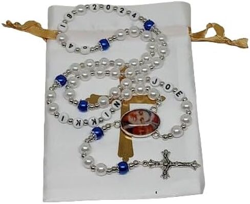 Personalized with Picture Photo and Name Rosary Beads Crucifix Prayer Meditation Beads Jesus Baptism Christening Wedding White Beads with the Accent Color of Your Choice in Saudi Arabia